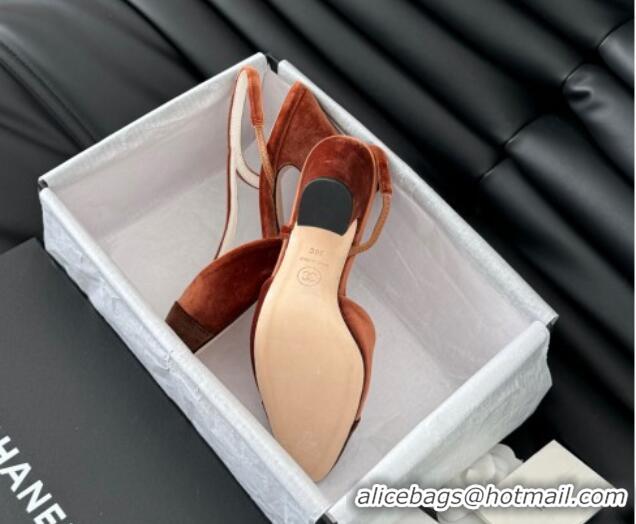 Discount Chanel Velvet & Grosgrain Slingback Pumps 9cm G45509 Light Brown 0103121