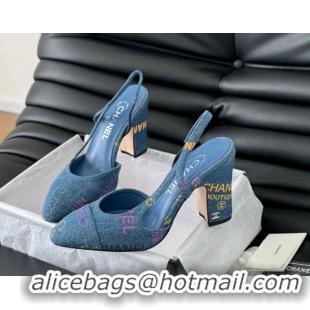 Classic Hot Chanel Printed Denim Slingback Pumps 9cm G45509 Blue 0103122