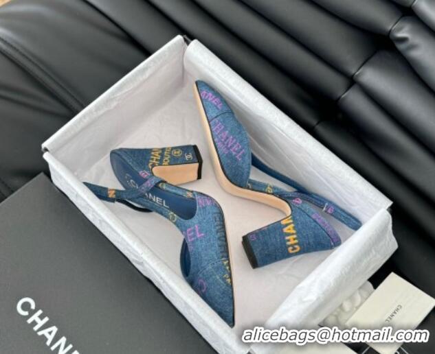 Classic Hot Chanel Printed Denim Slingback Pumps 9cm G45509 Blue 0103122