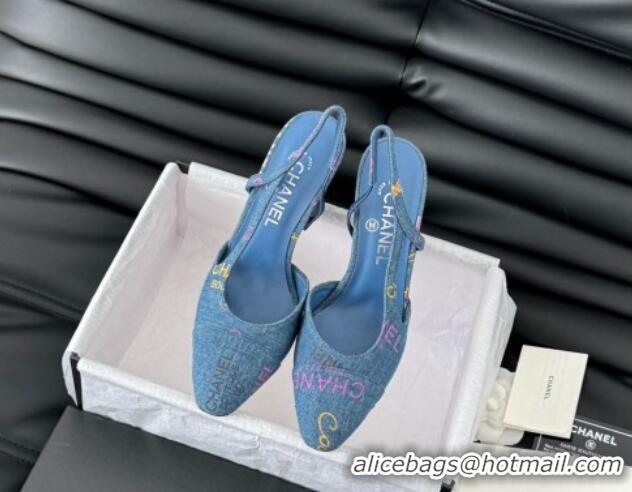 Classic Hot Chanel Printed Denim Slingback Pumps 9cm G45509 Blue 0103122