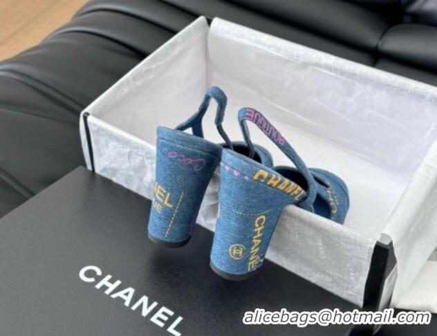 Classic Hot Chanel Printed Denim Slingback Pumps 9cm G45509 Blue 0103122