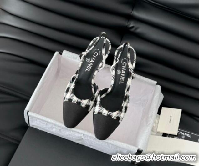 Top Grade Chanel Check Fabric & Grosgrain Slingback Pumps 9cm G45509 Black/White 0103123