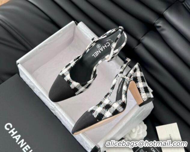 Top Grade Chanel Check Fabric & Grosgrain Slingback Pumps 9cm G45509 Black/White 0103123