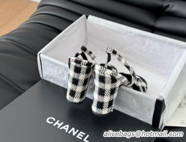 Top Grade Chanel Check Fabric & Grosgrain Slingback Pumps 9cm G45509 Black/White 0103123