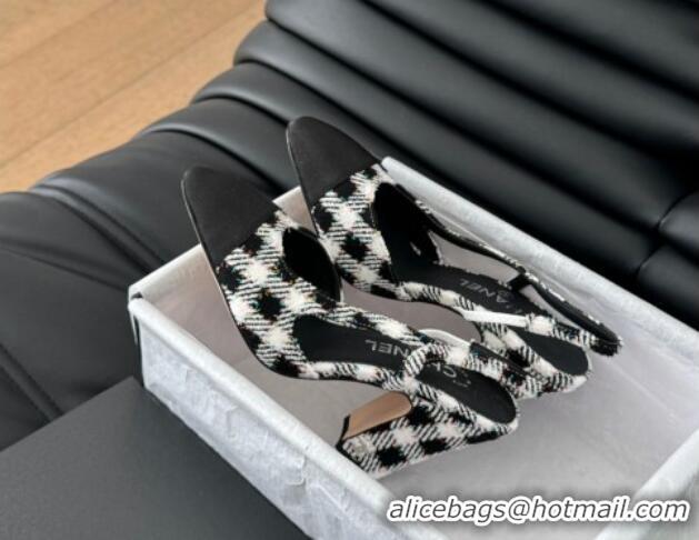 Top Grade Chanel Check Fabric & Grosgrain Slingback Pumps 9cm G45509 Black/White 0103123