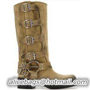 ​Buy Discount Miu Miu Suede High Boots with Buckle Strap 5W792D Beige