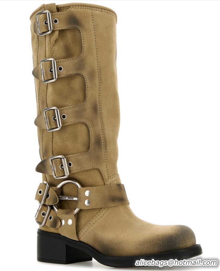 ​Buy Discount Miu Miu Suede High Boots with Buckle Strap 5W792D Beige