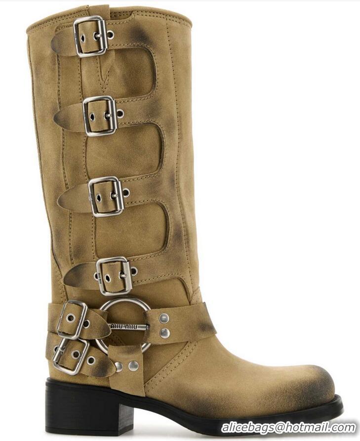 ​Buy Discount Miu Miu Suede High Boots with Buckle Strap 5W792D Beige