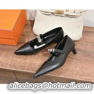 Buy Luxury Hermes Kiara Mary Janes Pumps 4cm in Calfskin with Kelly buckle Black 1230088