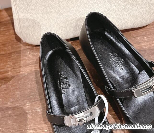 Buy Luxury Hermes Kiara Mary Janes Pumps 4cm in Calfskin with Kelly buckle Black 1230088