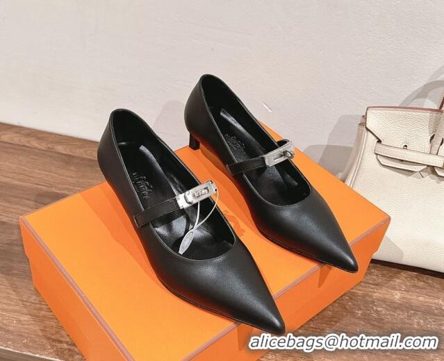 Buy Luxury Hermes Kiara Mary Janes Pumps 4cm in Calfskin with Kelly buckle Black 1230088