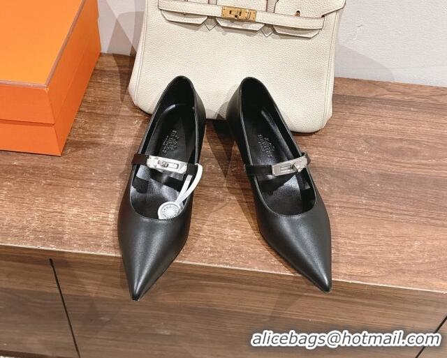 Buy Luxury Hermes Kiara Mary Janes Pumps 4cm in Calfskin with Kelly buckle Black 1230088