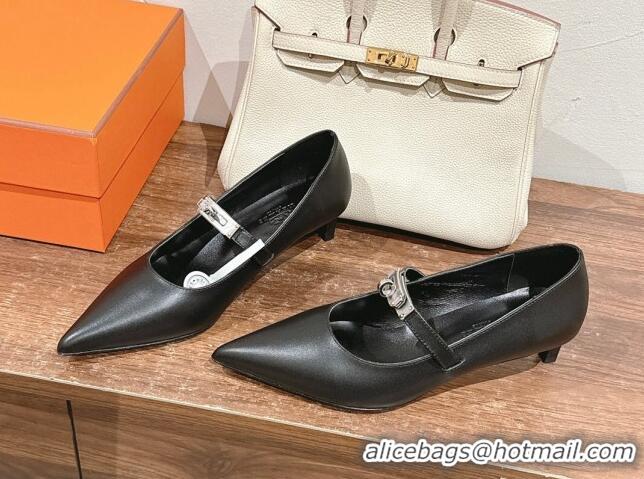 Buy Luxury Hermes Kiara Mary Janes Pumps 4cm in Calfskin with Kelly buckle Black 1230088