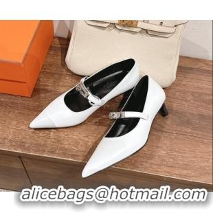 Grade Quality Hermes Kiara Mary Janes Pumps 4cm in Calfskin with Kelly buckle White 1230089