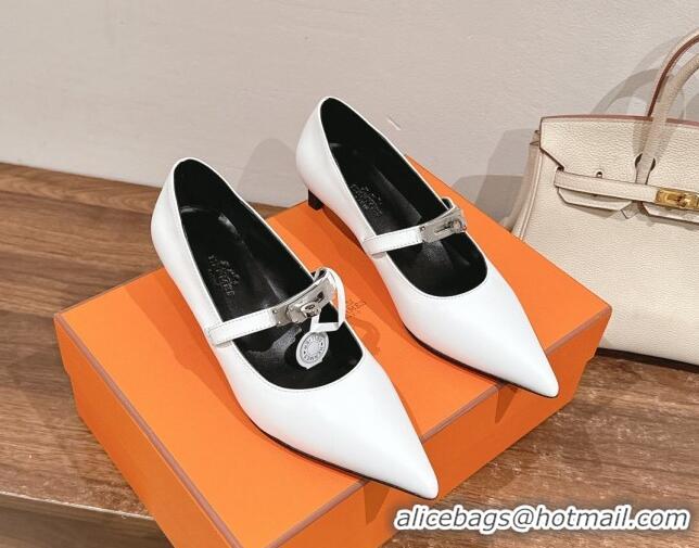 Grade Quality Hermes Kiara Mary Janes Pumps 4cm in Calfskin with Kelly buckle White 1230089