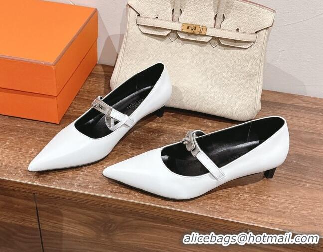 Grade Quality Hermes Kiara Mary Janes Pumps 4cm in Calfskin with Kelly buckle White 1230089