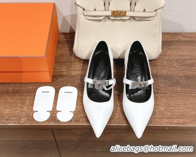 Grade Quality Hermes Kiara Mary Janes Pumps 4cm in Calfskin with Kelly buckle White 1230089