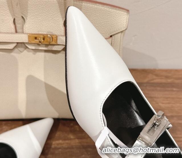 Grade Quality Hermes Kiara Mary Janes Pumps 4cm in Calfskin with Kelly buckle White 1230089