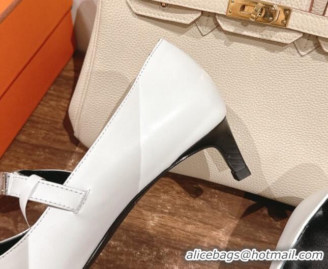 Grade Quality Hermes Kiara Mary Janes Pumps 4cm in Calfskin with Kelly buckle White 1230089