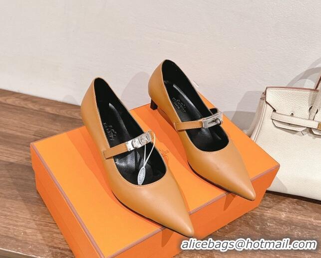 Popular Style Hermes Kiara Mary Janes Pumps 4cm in Calfskin with Kelly buckle Brown 1230090