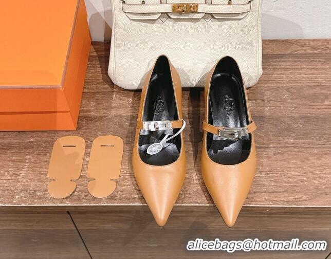 Popular Style Hermes Kiara Mary Janes Pumps 4cm in Calfskin with Kelly buckle Brown 1230090