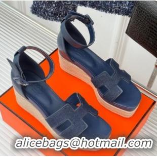 Top Grade Hermes Elda Platform Wedge Sandals 8cm in Denim and Leather Blue 1230091