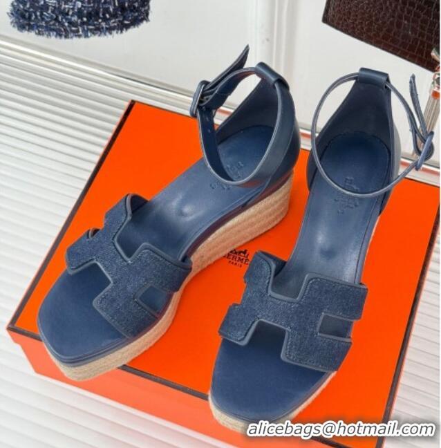 Top Grade Hermes Elda Platform Wedge Sandals 8cm in Denim and Leather Blue 1230091