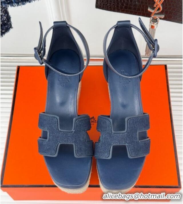 Top Grade Hermes Elda Platform Wedge Sandals 8cm in Denim and Leather Blue 1230091