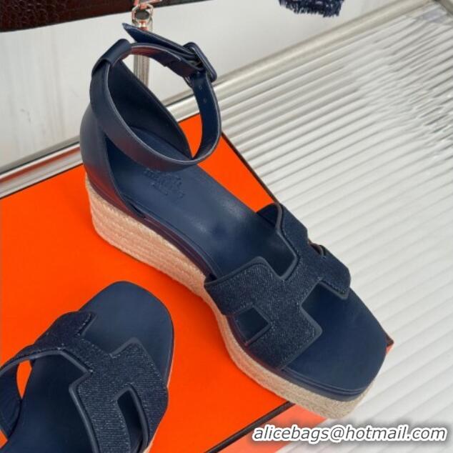 Top Grade Hermes Elda Platform Wedge Sandals 8cm in Denim and Leather Blue 1230091