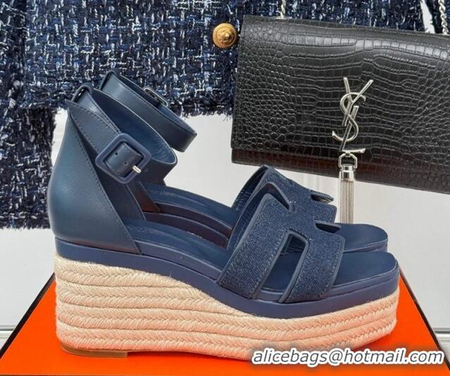 Top Grade Hermes Elda Platform Wedge Sandals 8cm in Denim and Leather Blue 1230091