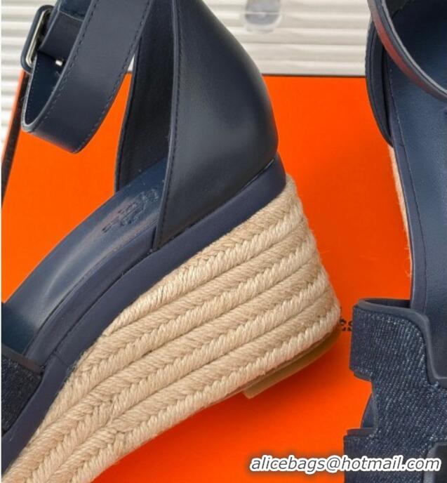 Top Grade Hermes Elda Platform Wedge Sandals 8cm in Denim and Leather Blue 1230091