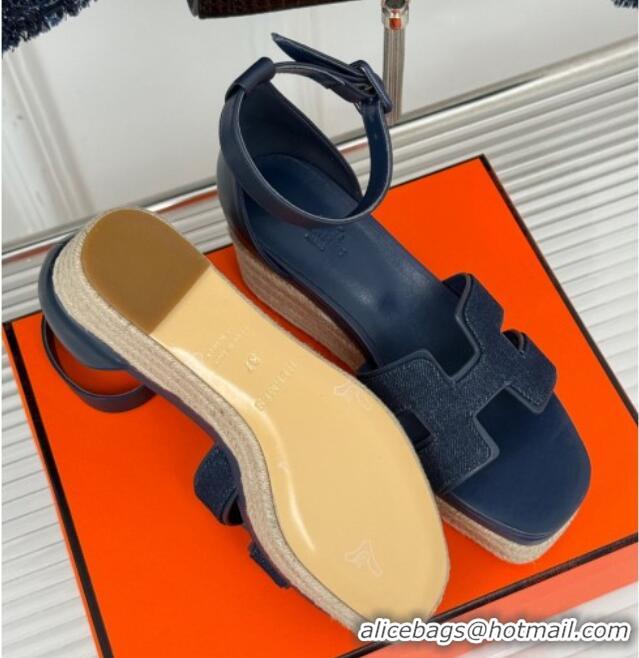 Top Grade Hermes Elda Platform Wedge Sandals 8cm in Denim and Leather Blue 1230091