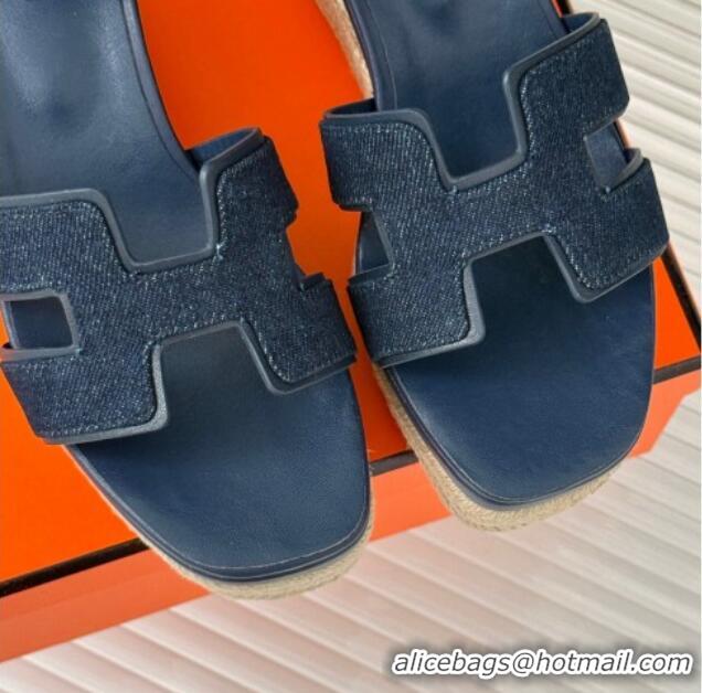 Top Grade Hermes Elda Platform Wedge Sandals 8cm in Denim and Leather Blue 1230091