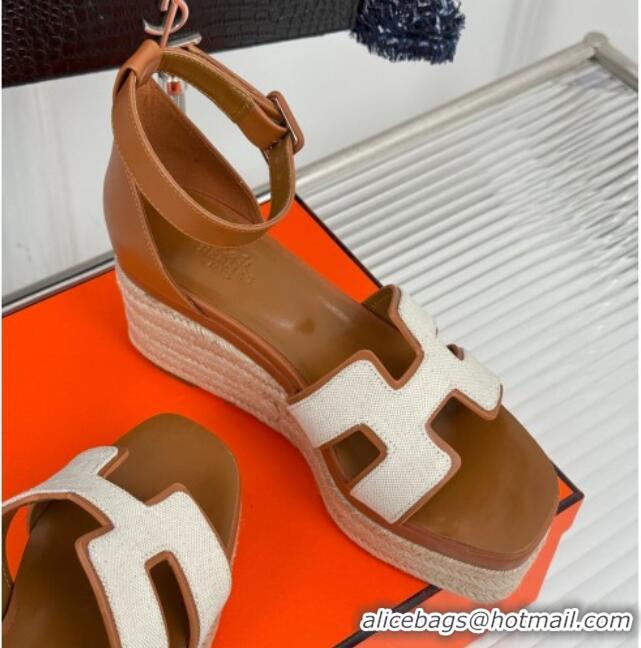 Best Product Hermes Elda Platform Wedge Sandals 8cm in Canvas and Leather Brown 1230092