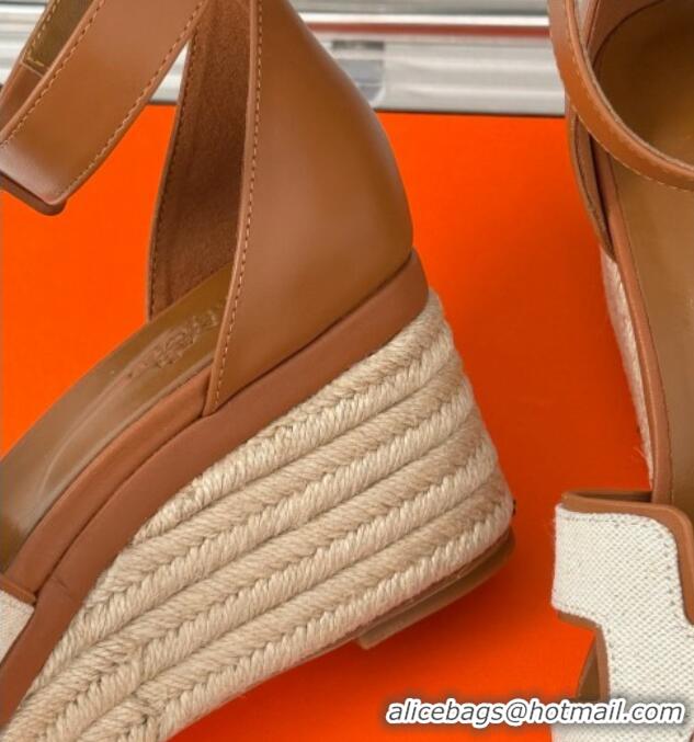 Best Product Hermes Elda Platform Wedge Sandals 8cm in Canvas and Leather Brown 1230092