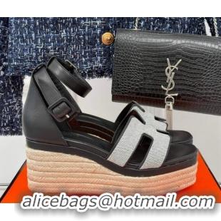 Unique Style Hermes Elda Platform Wedge Sandals 8cm in Canvas and Leather Black 1230093