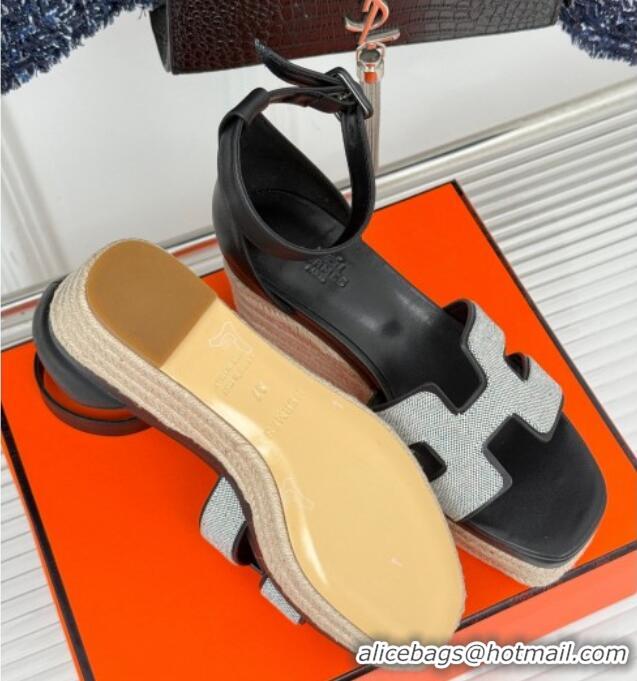 Unique Style Hermes Elda Platform Wedge Sandals 8cm in Canvas and Leather Black 1230093