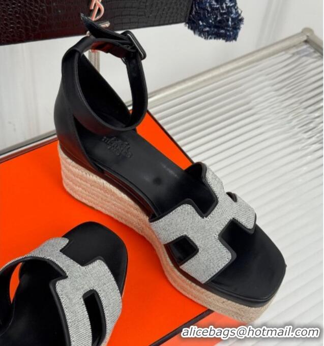 Unique Style Hermes Elda Platform Wedge Sandals 8cm in Canvas and Leather Black 1230093