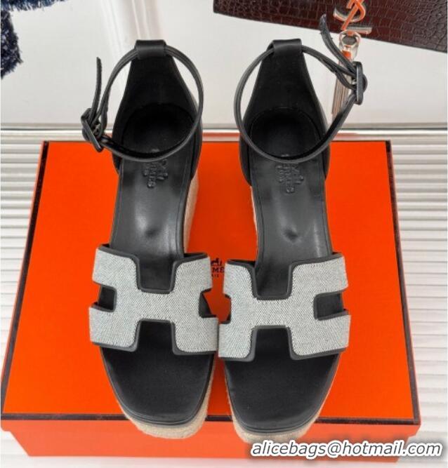 Unique Style Hermes Elda Platform Wedge Sandals 8cm in Canvas and Leather Black 1230093