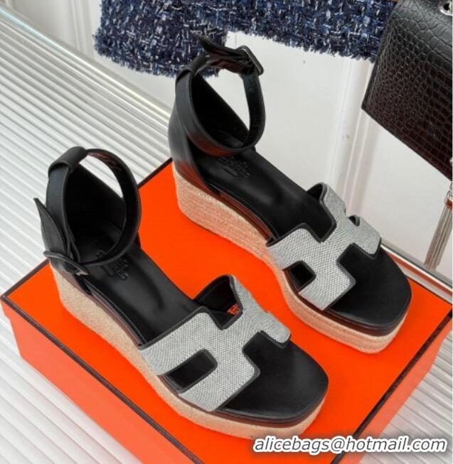 Unique Style Hermes Elda Platform Wedge Sandals 8cm in Canvas and Leather Black 1230093