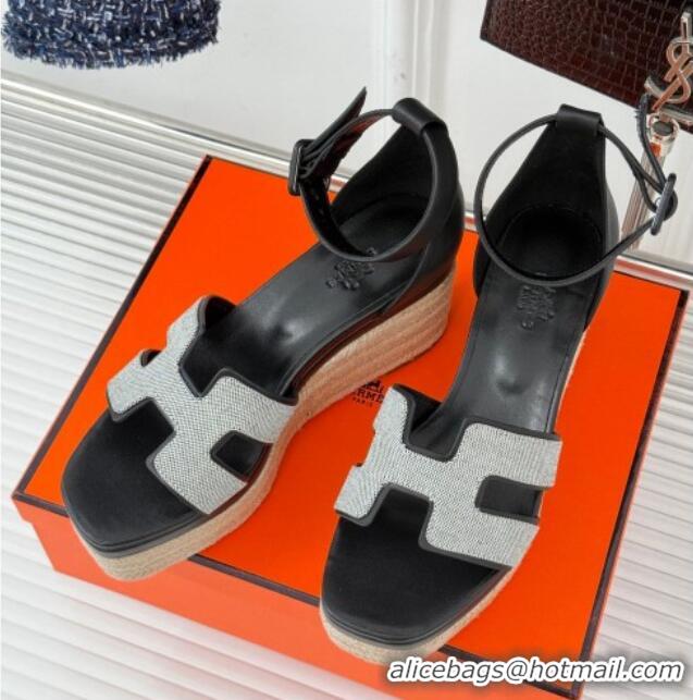 Unique Style Hermes Elda Platform Wedge Sandals 8cm in Canvas and Leather Black 1230093