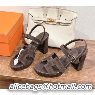 Top Design Hermes Jazz High Heel Sandals 10.5cm in Suede Dark Brown 1230095