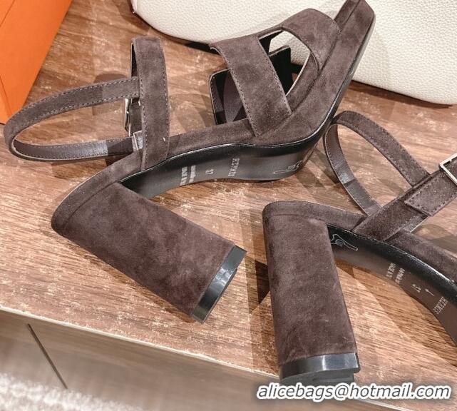 Top Design Hermes Jazz High Heel Sandals 10.5cm in Suede Dark Brown 1230095