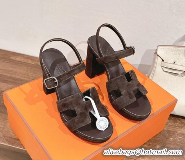 Top Design Hermes Jazz High Heel Sandals 10.5cm in Suede Dark Brown 1230095