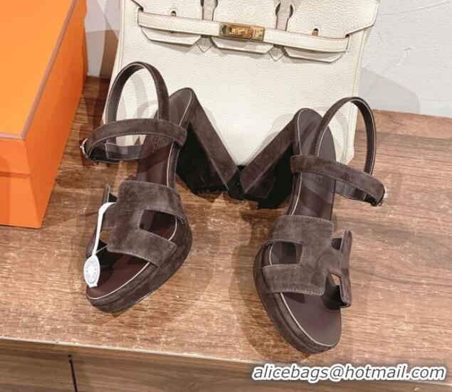 Top Design Hermes Jazz High Heel Sandals 10.5cm in Suede Dark Brown 1230095