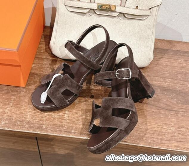 Top Design Hermes Jazz High Heel Sandals 10.5cm in Suede Dark Brown 1230095