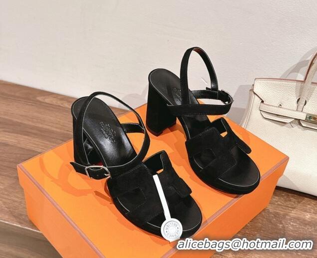 Charming Hermes Jazz High Heel Sandals 10.5cm in Suede Black 1230097