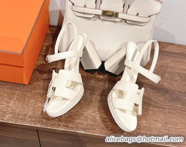 Top Grade Hermes Jazz High Heel Sandals 10.5cm in Grained Calfskin Ivory White 1230103