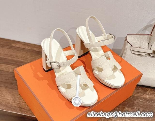 Top Grade Hermes Jazz High Heel Sandals 10.5cm in Grained Calfskin Ivory White 1230103