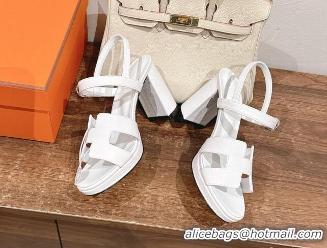 Good Quality Hermes Jazz High Heel Sandals 10.5cm in Grained Calfskin Snow White 1230105